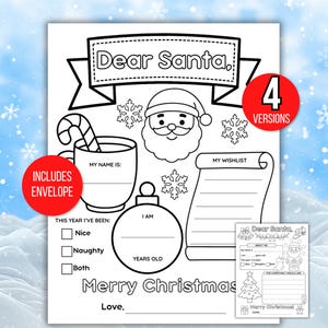 May include: Black and white Christmas-themed coloring page with the text "Dear Santa." Includes a Santa Claus face, snowflakes, and a space to write a wishlist. The page also includes an envelope.