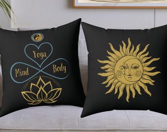 Lotus Flower Yoga Throw Pillow, Sun and Moon, Meditation Cushion, Double-Sided with Two Designs