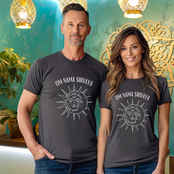 Mantra Om Namah Shivaya for Self Realization is on this Tee with the Sun and Moon for Balance and Harmony, Comfortable for All Day Wear