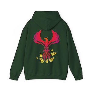 Phoenix Bird Pullover Hoodie, Mystical Legendary Bird, Elevate your Energy, Mindful Gift, Front and Back Designs, Gift for Him and Her