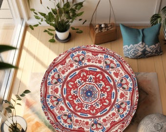 Boho rond kussen op getufte vloer, meditatiekussen