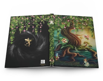 Puede incluir: Un libro abierto con una cubierta negra y una ilustración colorida de un árbol de hadas y hadas en la página derecha. La página izquierda tiene una ilustración en blanco y negro de un hada volando a través de un vórtice giratorio.