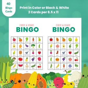 Lindo bingo de frutas y verduras: 40 tarjetas únicas, juegos de fiesta imprimibles de 8,5 x 11, todas las edades, ¡aprobados para vegetarianos y veganos!
