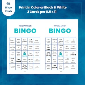 May include: Two bingo cards with affirmations for self-love and positivity. Each card has a 5x5 grid with phrases like "I am loved", "I am grateful", "I am kind", and "I am capable".