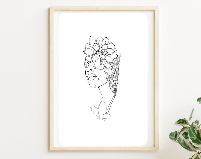 Featured listing image: Flower Woman Abstract Black & White Print, Boho, Minimalist, Aesthetic Completion | Full Freckles | Bedroom | Office | Bathroom Wall Art