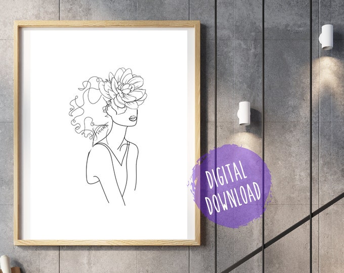 Featured listing image: Flower Woman Abstract Black & White Print, Boho, Minimalist, Aesthetic Discovery | Bedroom | Office | Bathroom Wall Art