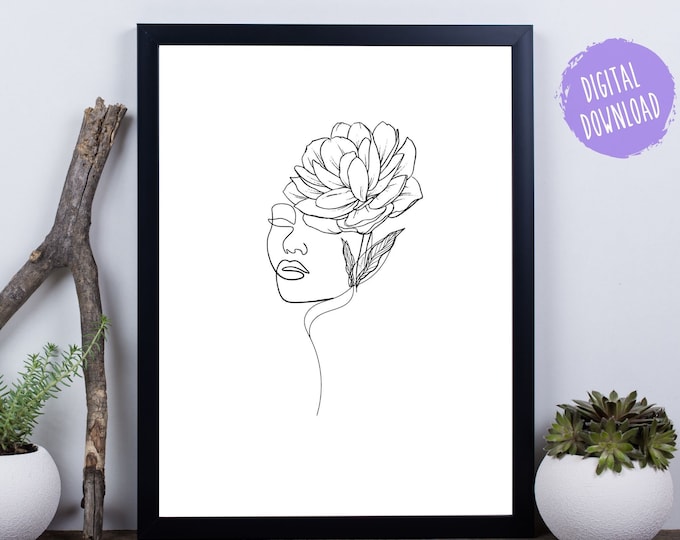 Featured listing image: Flower Woman Abstract Black & White Print, Boho, Minimalist, Aesthetic Beginning | Bedroom | Office | Bathroom Wall Art