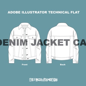 Op de afbeelding: Een technische platte illustratie van een wit denim jack. De voor- en achterkant van het jack worden getoond. De tekst "DENIM JACKET CAD" wordt boven de afbeelding weergegeven. De tekst "ADOBE ILLUSTRATOR TECHNICAL FLAT" wordt boven de tekst "DENIM JACKET CAD" weergegeven. De tekst "AmFashionCADs" wordt onder de afbeelding weergegeven.