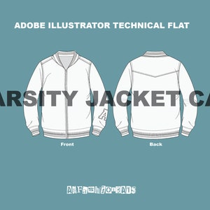 May include: Technical flat illustration of a white varsity jacket with a zip fastening. The front view shows a letter 'A' on the left sleeve. The back view shows a yoke detail. The text 'VARSITY JACKET CAD' is displayed above the image.