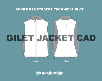 Gilet Jacket - Fashion Design Digital Template - Flat Sketch Tech Drawing-Illustrator Ai. PDF Vector CAD Download File