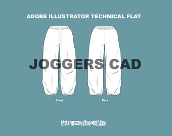 May include: Technical flat illustration of white joggers with an elastic waistband and cuffs. The illustration shows the front and back views of the joggers. The text "JOGGERS CAD" is written in bold black letters across the middle of the image.