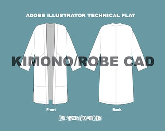 Kimono gewaad - Digitale modeontwerpsjabloon - Platte schets Tech Tekening-Illustrator Ai. PDF Vector CAD-downloadbestand