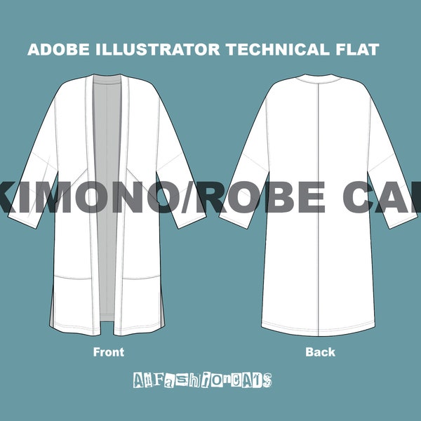 Kimono robe - Fashion Design Digital Template - Flat Sketch Tech Drawing-Illustrator Ai. PDF Vector CAD Download File