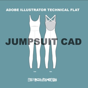 Könnte beinhalten: Eine technische Flachillustration eines weißen Jumpsuits mit einem gekreuzten Rückendesign. Die Illustration zeigt die Vorder- und Rückseite des Kleidungsstücks. "JUMPSUIT CAD" steht in Fettdruck über der Illustration. "ADOBE ILLUSTRATOR TECHNICAL FLAT" steht oben im Bild.