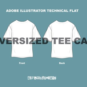 May include: Technical flat illustration of an oversized white t-shirt, showing the front and back views. The text "OVERSIZED TEE CAD" is displayed across the image.