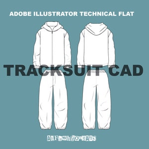 May include: Technical flat illustration of a white tracksuit with a zipped hoodie. The illustration is labelled "TRACKSUIT CAD" and "AFashionForCats".