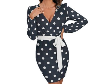 Long Sleeve Dress With Waist Belt/Elegant Evening Dress/Navy Blue and White Polka Dot