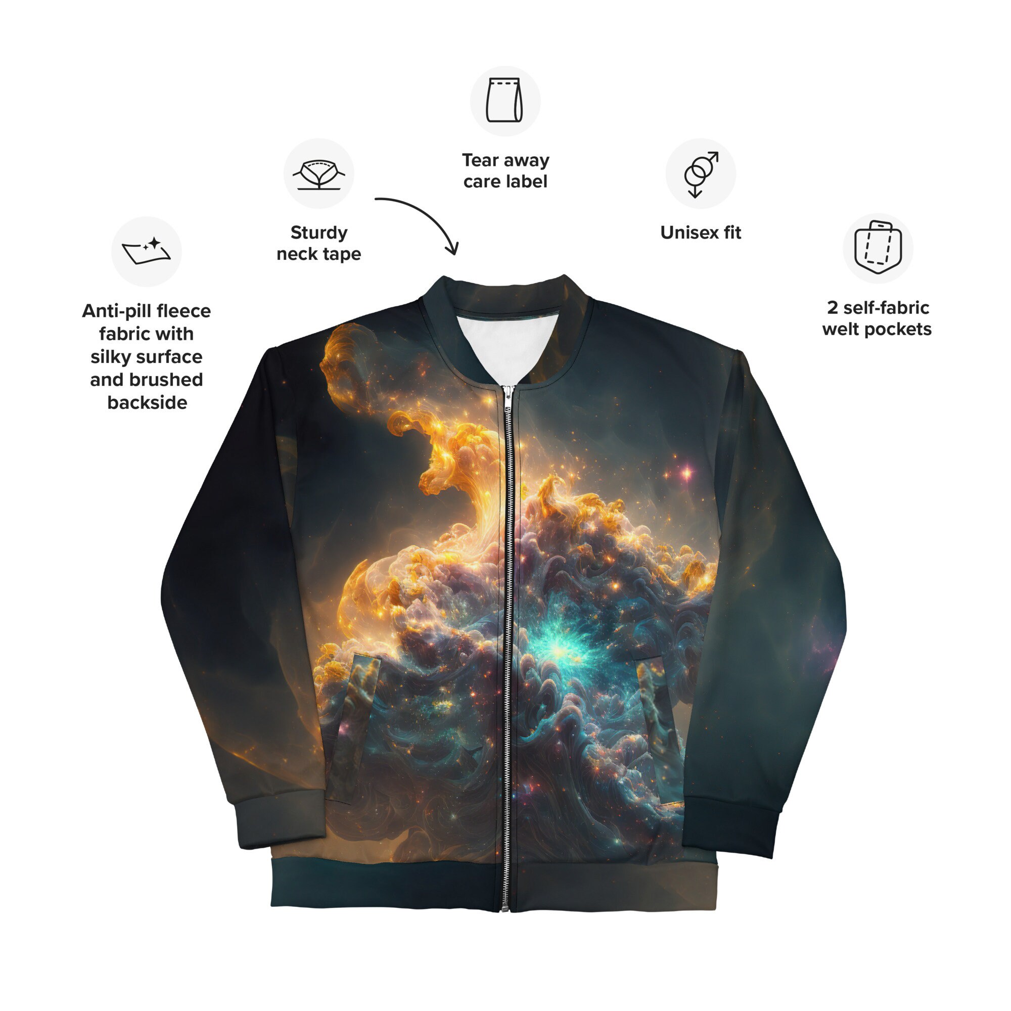 ColorSplashIllusions Unisex Bomber Jacket with Ethereal Cloud of Smoke & Flames Design - Interstellar nebulae Style