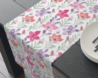 Spring Floral Table Runner | Watercolor Flowers Kitchen Decor | Pink Summer Dining Decor
