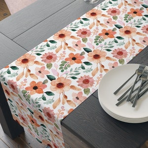 Spring Blossoms Floral Table Runner Watercolor Flowers Kitchen Decor Summer Table Decor Floral Dining Table Centerpiece Peach Home Decor