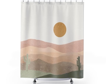 Cortina de ducha desértica, estilo bohemio, con puesta de sol, estilo suroeste, estilo occidental, con cactus y sol
