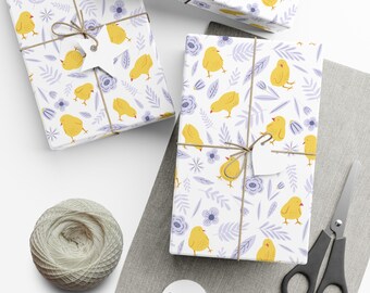 Spring Chick Wrapping Paper Purple Floral Gift Wrap Easter Wrapping Paper for Easter Gift Wrap Chicken Wrapping Paper Farm Gift Wrap Animal