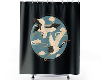 Elegant kran duschdraperi naturinspirerad badrumsdekor japansk duschdraperi asiatisk badrumsdekor fågel duschdraperi svart