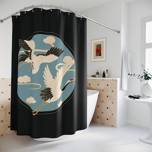 Elegant Crane Shower Curtain Nature-Inspired Bathroom Decor Japanese Shower Curtain Asian Bathroom Decor Bird Shower Curtain Black