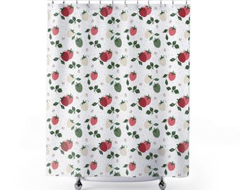Strawberry Shower Curtain, Vintage Farmhouse Bathroom Decor