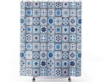 Cortina de ducha mediterránea, decoración de baño mexicana, cortina de ducha inspirada en azulejos, elegante cortina de ducha de mosaico azul, decoración de casa de playa