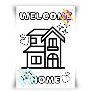 Nueva hoja para colorear del hogar-Adultos y niños- Bienvenido a casa-Coloración de casa abierta-Agente de bienes raíces