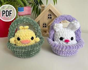 Cutie in a basket Chicken in a basket Bunny in a basket Easter set Easter basket Easter toys Easter bunny Crochet basket Crochet toys