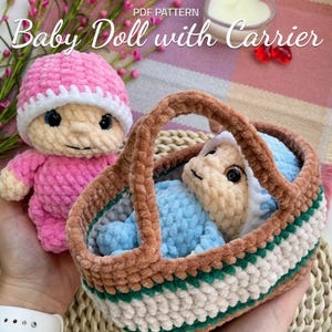 Patrón de crochet para muñeca bebé con porteador: conjunto de amigurumi con almohada y manta, 2 tamaños de porteador, PDF para principiantes, juguete de regalo hecho a mano.