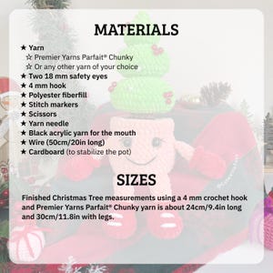 Photo displaying all materials used for the Christmas Tree in Smiling Pot crochet pattern, including yarn, crochet hook, and accessories, with size references for the finished tree. The image shows tools and supplies needed to create a tree.