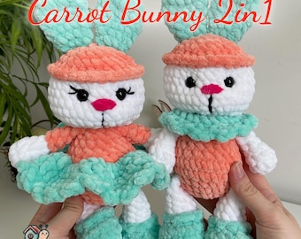 May include: Two crocheted carrot bunny toys. One bunny is wearing a green dress and the other is wearing a green collar. Both bunnies have white fur, orange carrot bodies, and green ears.
