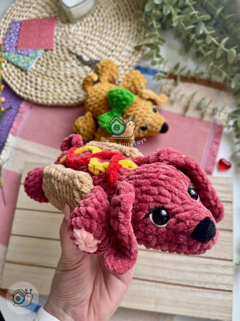 Virkat hundmönster, tax amigurumi PDF, grovt garn valp plyschleksak bild 9