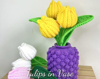 Tulips in Vase Crochet Pattern – Beautiful Crochet Flowers Bouquet, DIY Crochet Tulip Decoration, Handmade Floral Vase Decor (PDF, English)