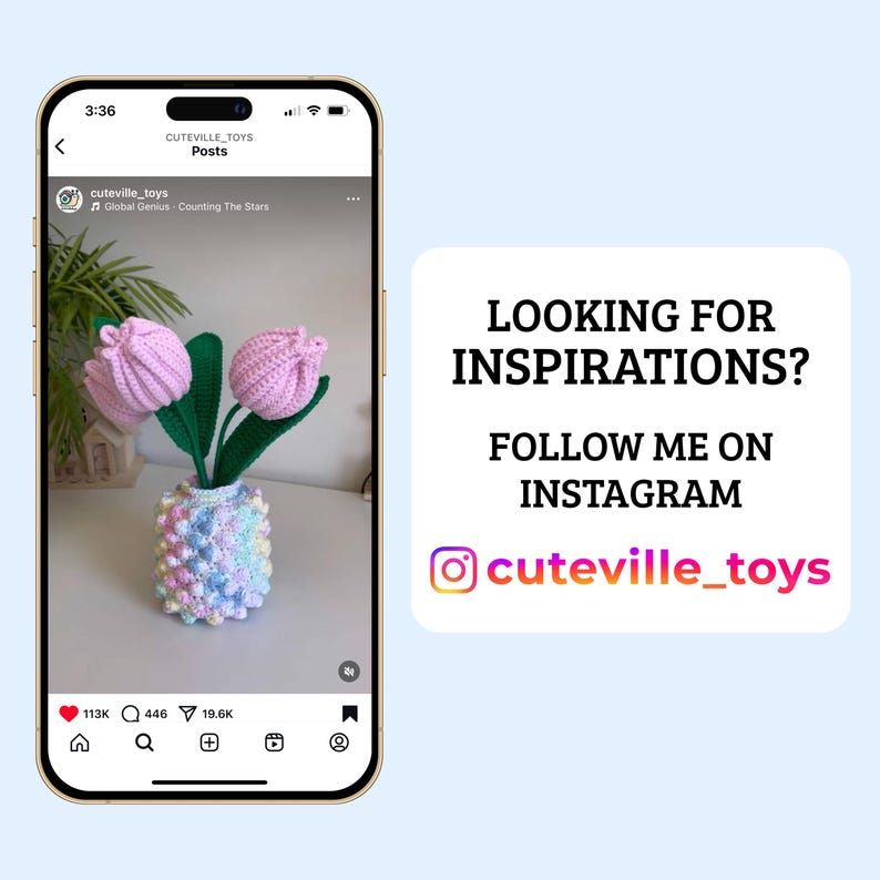 May include: A close-up of a crocheted flower arrangement in a colorful pineapple-shaped vase. The flowers are pink and the vase is a mix of pastel colors. The image is from an Instagram post with the text "LOOKING FOR INSPIRATIONS? FOLLOW ME ON INSTAGRAM cuteville_toys"