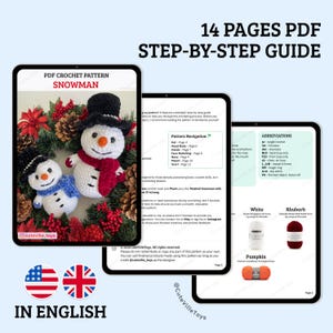 May include: A crochet pattern for a snowman with a wreath. The pattern is available in English and includes 14 pages of step-by-step instructions. The pattern is available in PDF format.