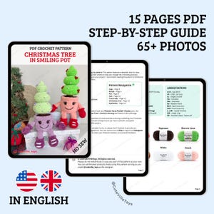 Preview of the Christmas Tree in Smiling Pot crochet pattern booklet, showing a few pages written in English. The pattern includes 15 pages with 65+ color photos and step-by-step instructions.