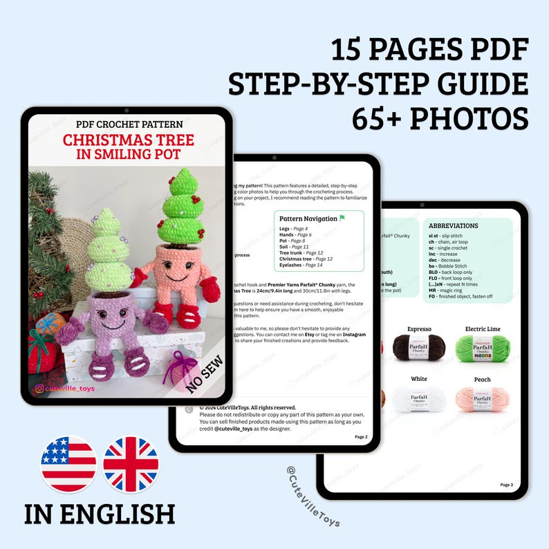 Preview of the Christmas Tree in Smiling Pot crochet pattern booklet, showing a few pages written in English. The pattern includes 15 pages with 65+ color photos and step-by-step instructions.