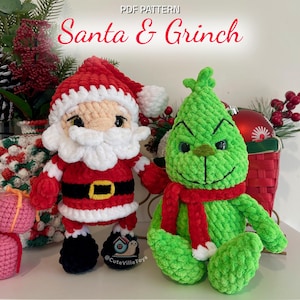 May include: A crocheted Santa Claus and Grinch doll. Santa is wearing a red suit with a black belt and hat. The Grinch is green and wearing a red scarf. The text "Santa & Grinch" is at the top.