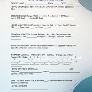 Può includere: Un foglio di titolazione della sedazione in terapia intensiva neurologica con campi per informazioni sul paziente, diagnosi neurologica, obiettivi ordinati e strategia di sedazione. Include sezioni di monitoraggio e sicurezza.