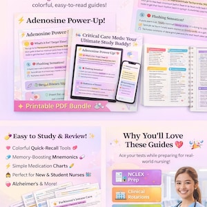 May include: A promotional image for nursing study guides and medical cheat sheets. The image features colorful guides, a tablet, and a smiling healthcare professional. The guides cover topics like Adenosine Power-Up and Parkinson's disease care.