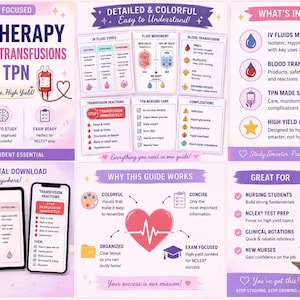 May include: A digital guide for nursing students, focusing on IV therapy, blood transfusions, and TPN. The guide includes detailed information on fluid types, reactions, and complications, with clear, concise explanations and colorful visuals. It is designed to help students study smarter and pass the NCLEX exam.