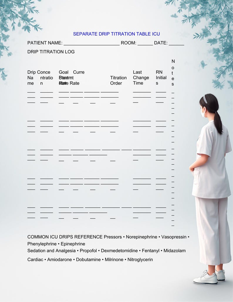 Titratable Drip Chart.pdf ICU Drip Titration Table Printable - Etsy Canada