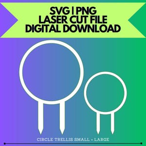 Puede incluir: Archivos de descarga digital SVG y PNG para cortar con láser un diseño de enrejado circular. El diseño incluye dos círculos, uno pequeño y uno grande, con tres estacas cada uno.
