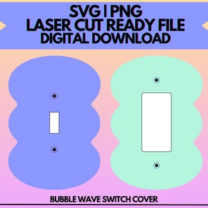 Op de afbeelding: Een lichtblauwe en lichtgroene golfvormige lichtschakelaar-afdekplaat met een rechthoekige witte schakelaarplaat. De tekst "BUBBLE WAVE SWITCH COVER" staat onderaan de afbeelding.