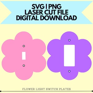 Op de afbeelding: Twee bloemachtige lichtschakelaars, een roze en een paarse. De platen hebben een eenvoudig ontwerp met een rond midden en zes bloemblaadjes. De platen zijn ontworpen om over een standaard lichtschakelaar te passen.