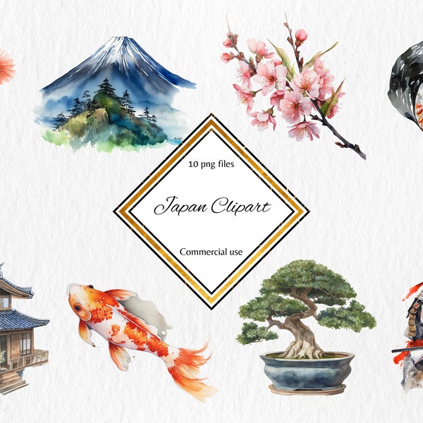 japan clipart bundle, gouache bonsai clipart, watercolor geisha art, japanese culture clipart, koi carp drawing, samurai clipart, sushi art